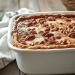 Golden baked Katie Cross pecan pie cobbler in dish