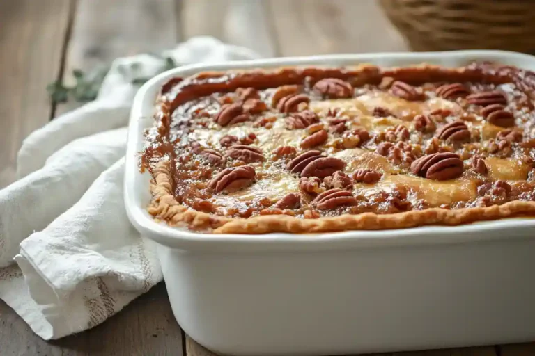 Golden baked Katie Cross pecan pie cobbler in dish