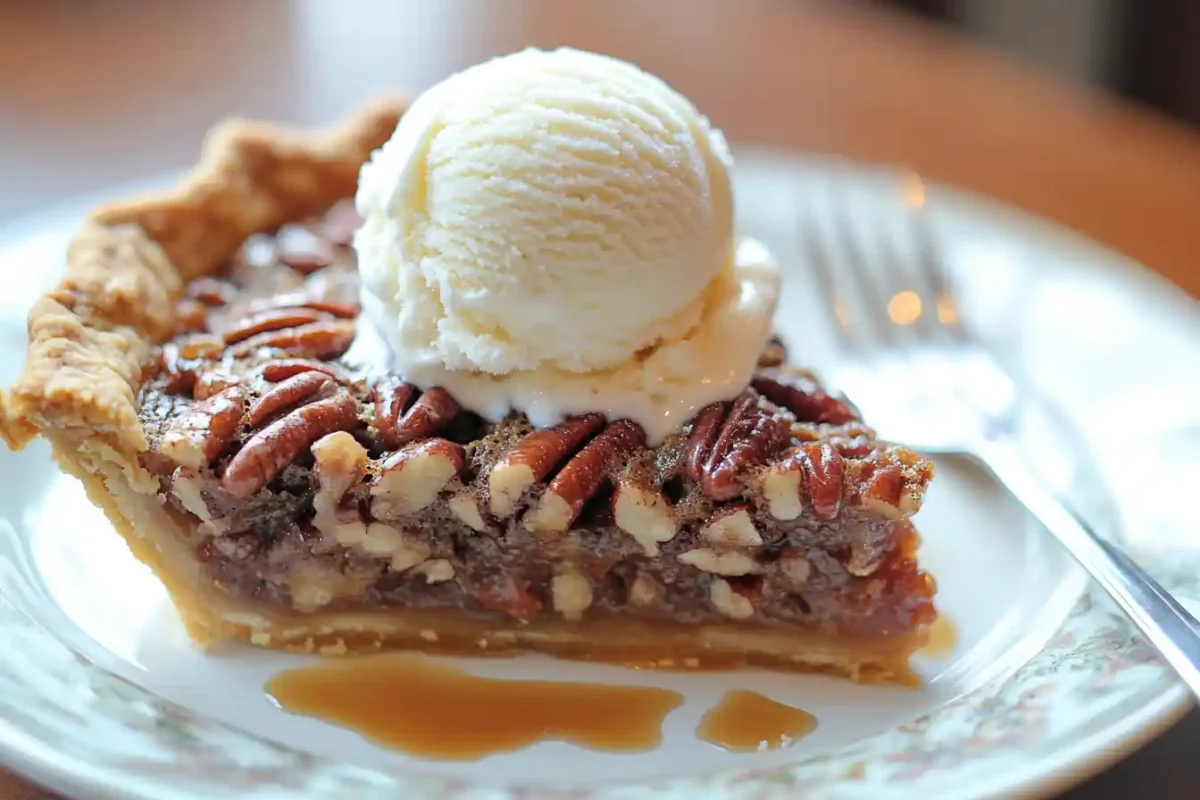 Warm Katie Cross pecan pie cobbler with ice cream