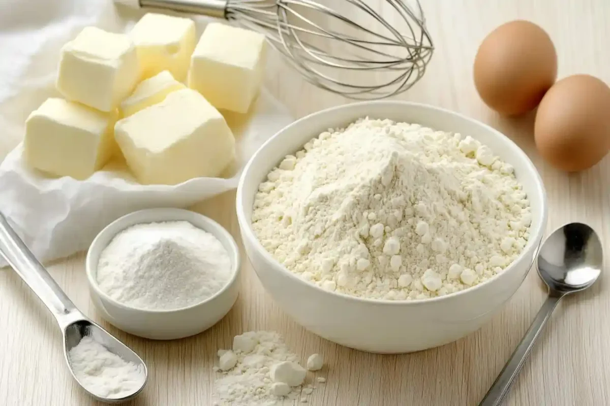 Ingredients for kefir sheet cake displayed on a kitchen counter