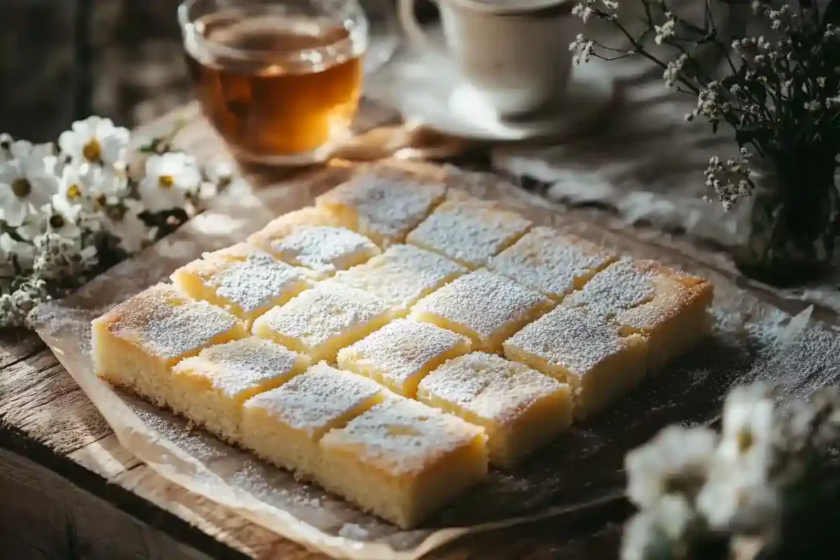 Served slices of kefir sheet cake with tea and flowers