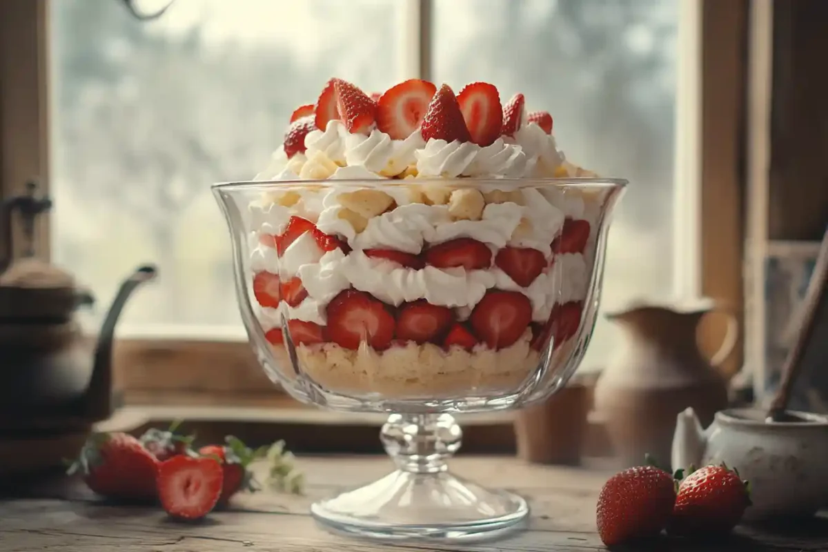 Glass bowl of strawberry cheesecake trifle with cream cheese and fresh berries