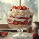 Glass bowl of strawberry cheesecake trifle with cream cheese and fresh berries