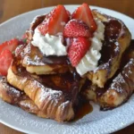A plate of Nutella croissant French toast topped with strawberries and cream