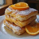 A plate of orange croissant French toast with orange slices and syrup