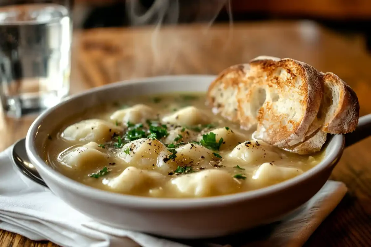Pierogi Soup served with crusty bread and fresh parsley garnish