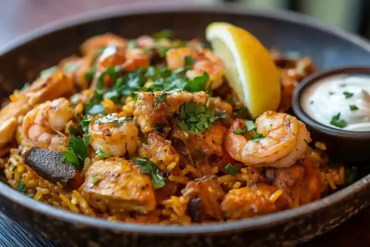 Paella served with shrimp and chicken, parsley, and lemon