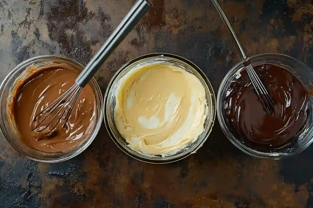 Bowls of brownie mix, cheesecake filling, and caramel