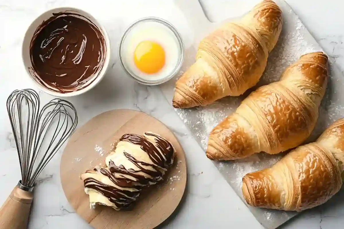 Croissants sliced open and filled with Nutella, ready to dip