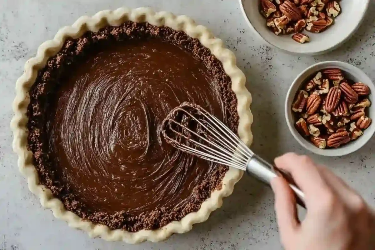 Brownie batter in pie dish and pecan filling being mixed
