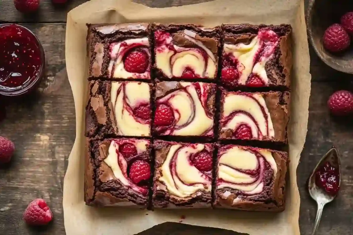 Swirled raspberry cheesecake brownies cut into squares on a table