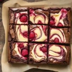 Swirled raspberry cheesecake brownies cut into squares on a table