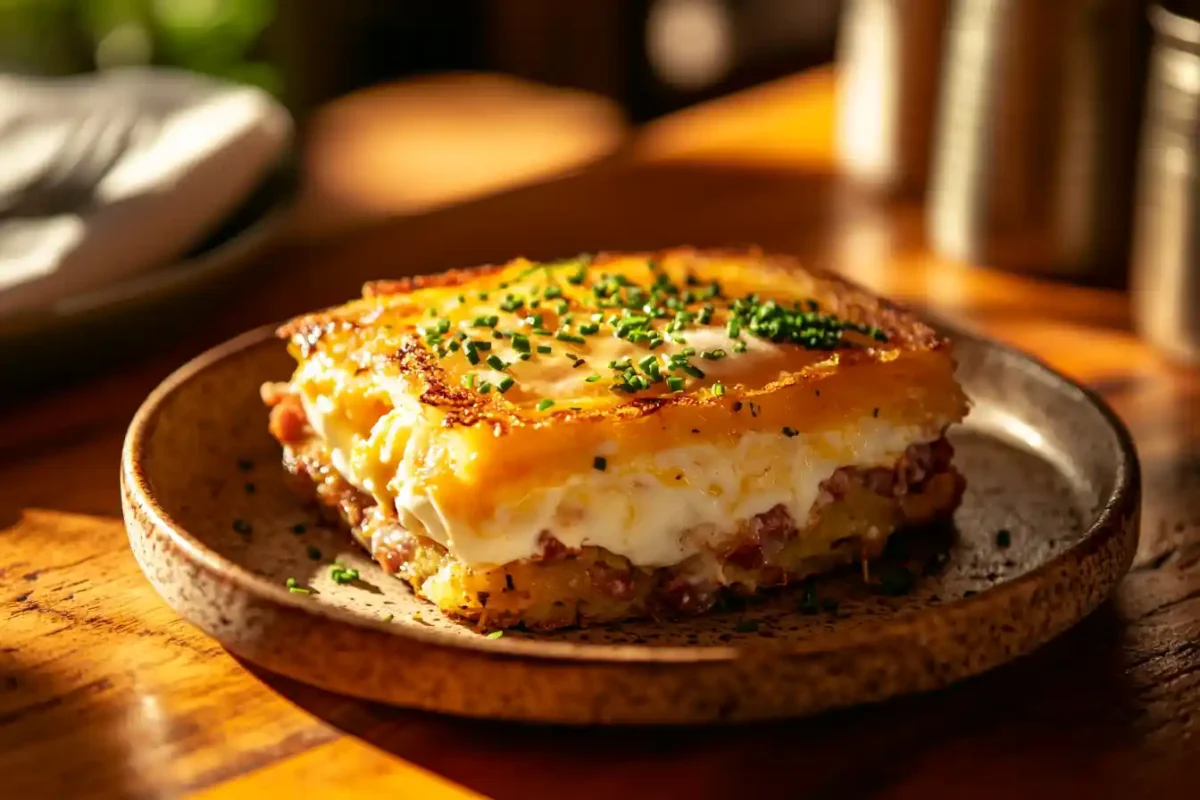 A close-up of Sausage, Egg, and Cream Cheese Hashbrown served warm on a ceramic plate