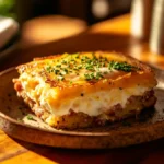 A close-up of Sausage, Egg, and Cream Cheese Hashbrown served warm on a ceramic plate
