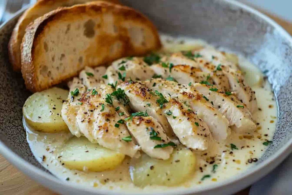 Bowl of garlic parmesan chicken and potatoes served with garnish