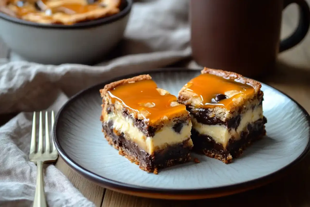 Caramel cheesecake cookie bars on a plate with a coffee mug beside them