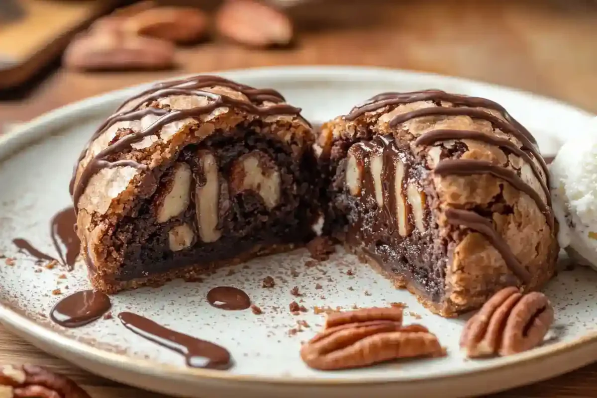 Pecan brownie bomb cut open with melting ice cream