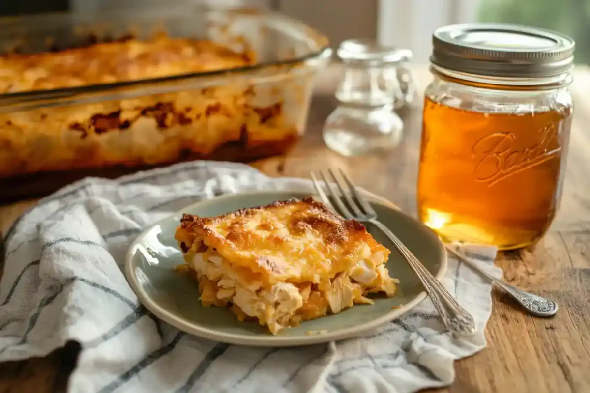 A plated square of chicken and dressing casserole ready to eat