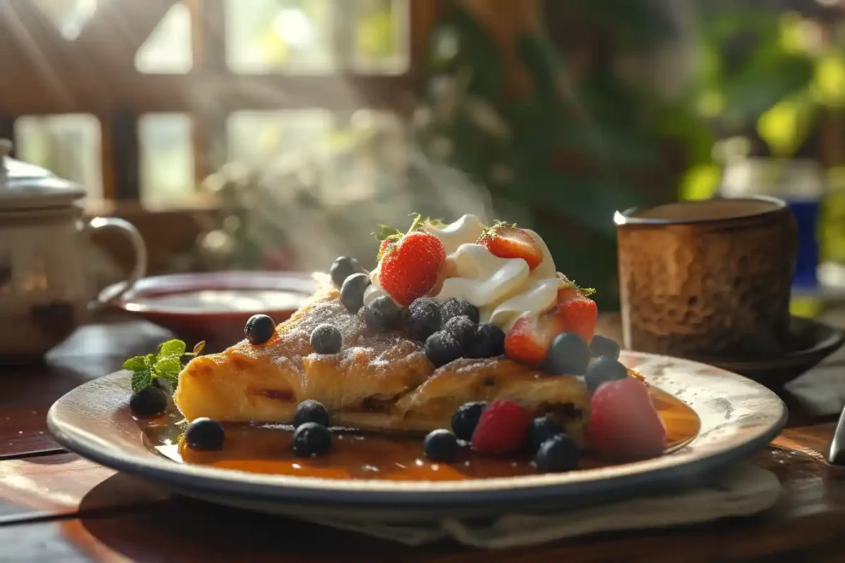 A hot slice of blueberry croissant french toast served on plate