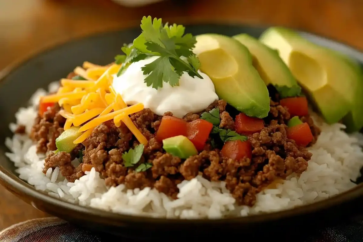 Ground beef slow cooker recipe served over rice with avocado and sour cream
