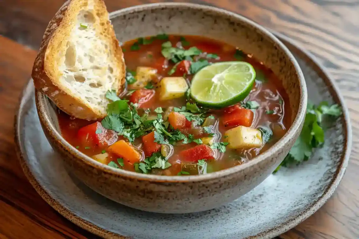 Slow cooker vegetable soup served in a bowl with bread on the side