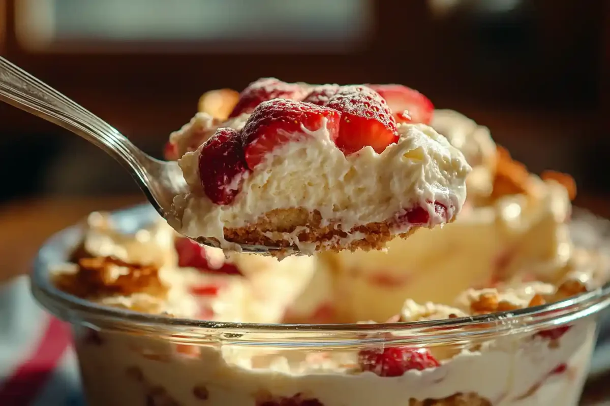 Spoonful of strawberry cheesecake trifle showing layers of cake and fruit