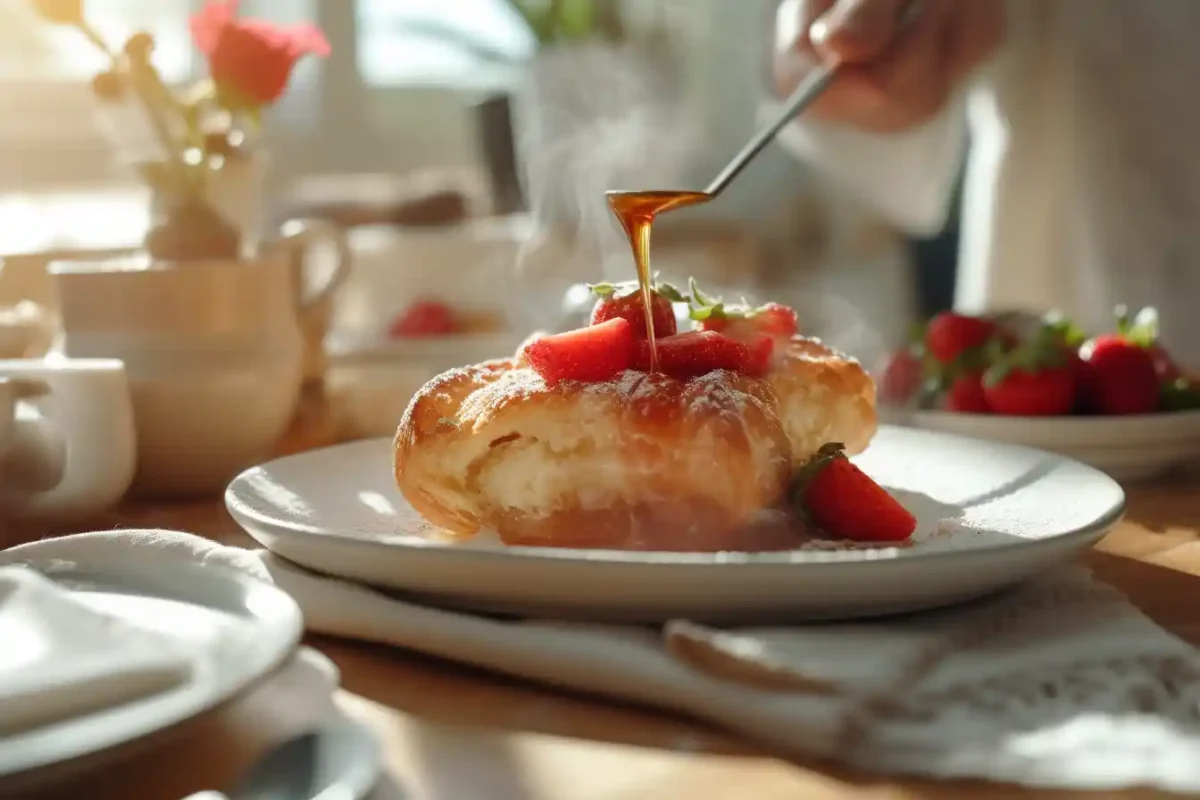 A warm serving of strawberry croissant french toast topped with syrup