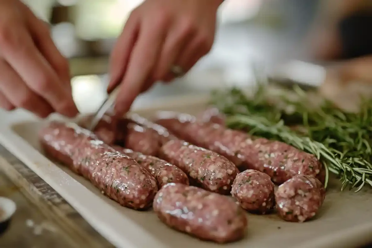 Hands shaping Italian Beef Sausage mixture