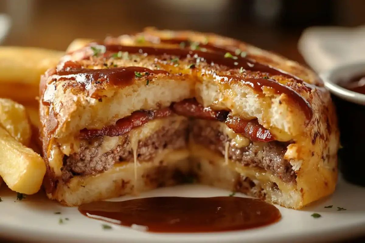 Close-up view of sliced BBQ Bacon Cheeseburger with melted cheese and bacon
