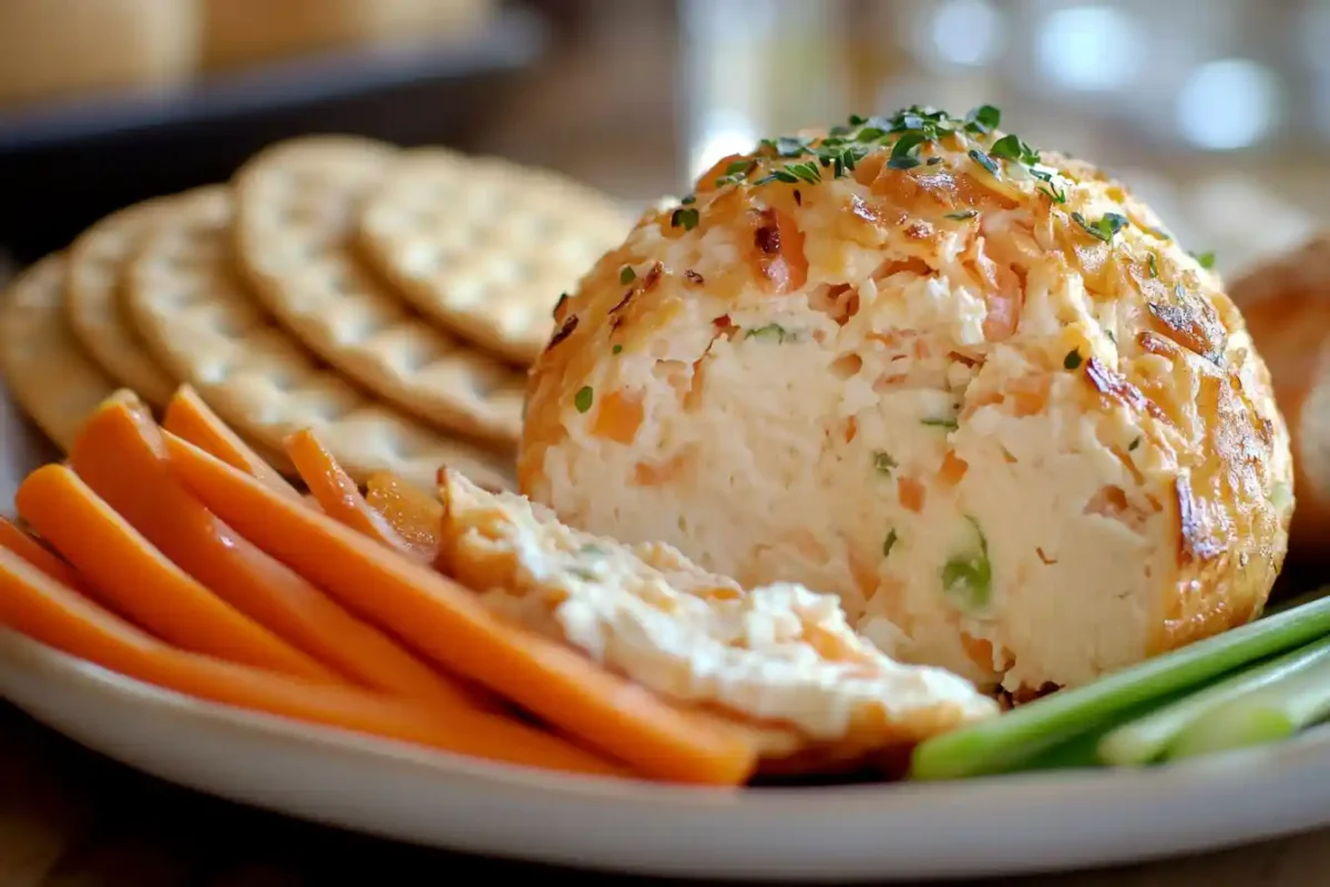 Cross-section of creamy cheese ball with crackers