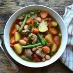 Bowl of slow cooker vegetable soup with beef, beans, and fresh vegetables
