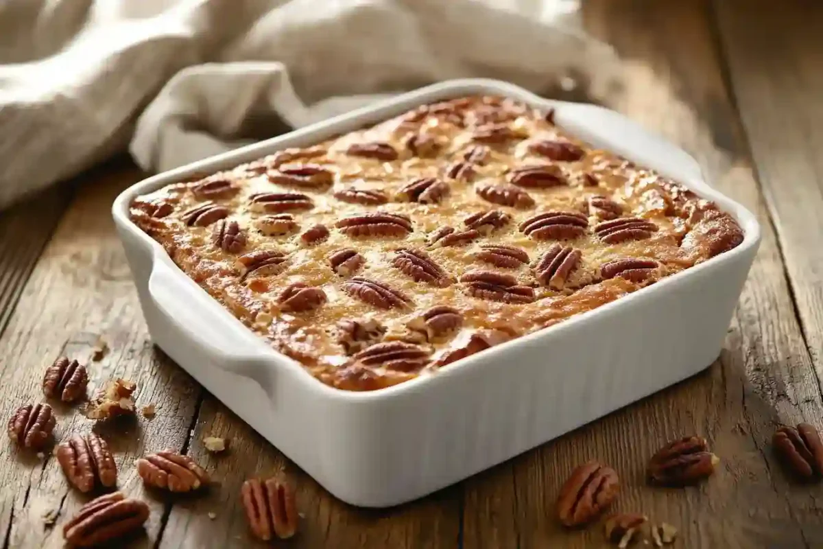 Baked southern pecan pie cobbler in white dish on rustic table