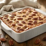 Baked southern pecan pie cobbler in white dish on rustic table