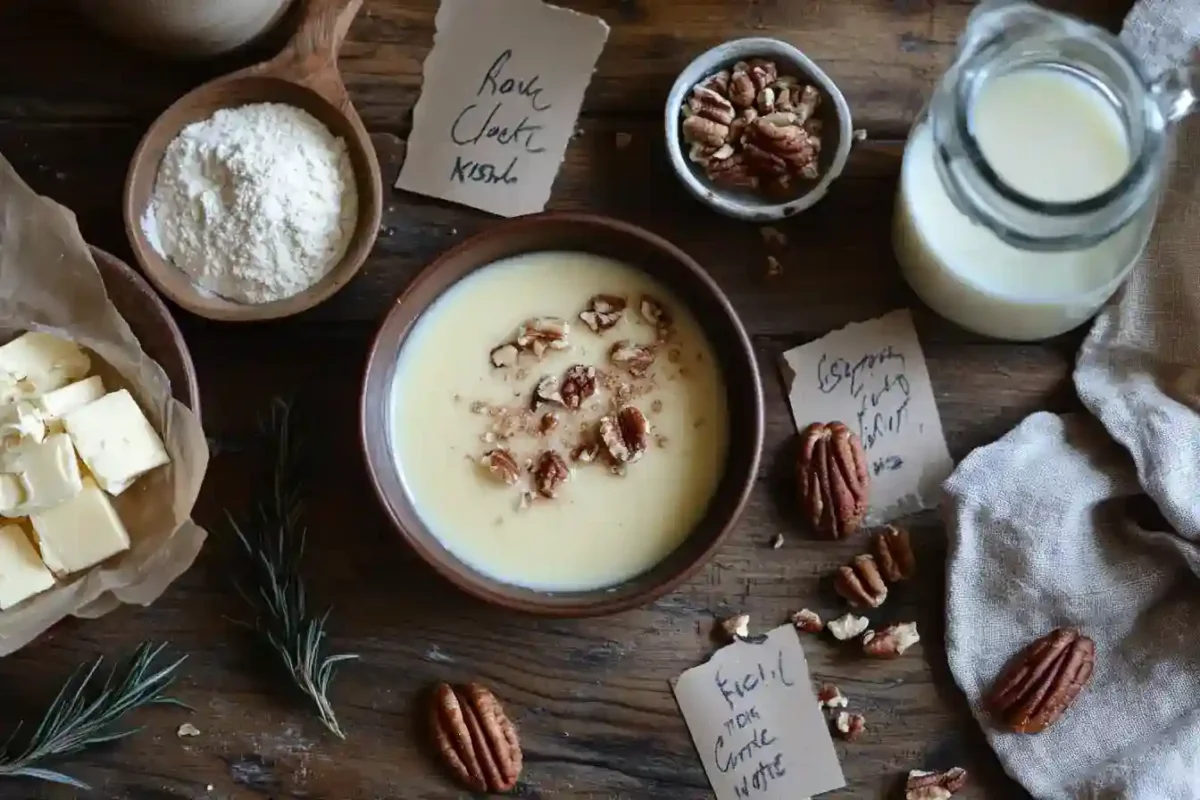 Measured ingredients for southern pecan pie cobbler recipe
