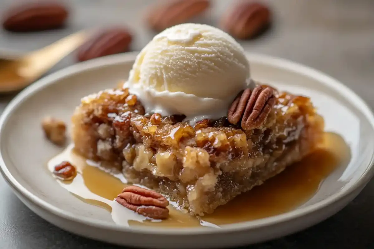 Gooey pecan cobbler with vanilla ice cream on plate
