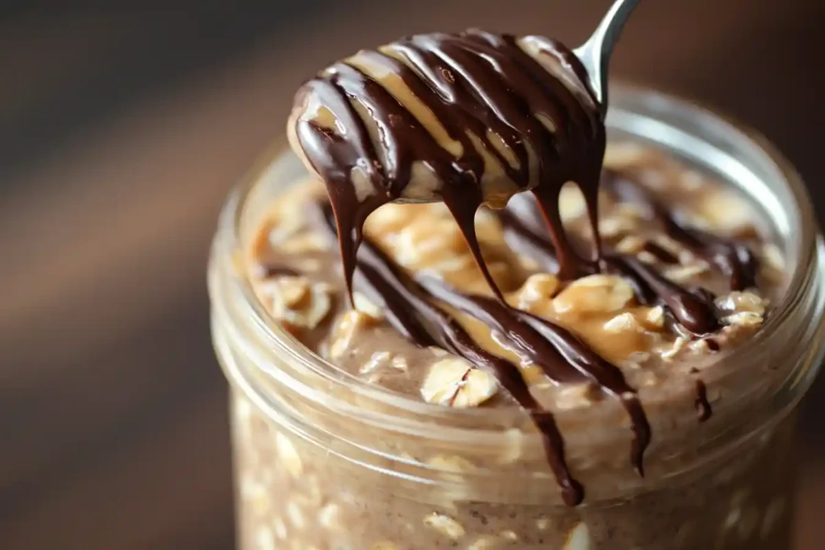 Thick and creamy chocolate protein overnight oats on spoon