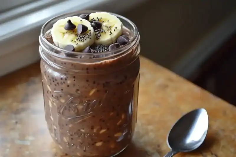 Jar of chocolate protein overnight oats topped with banana and chocolate chips