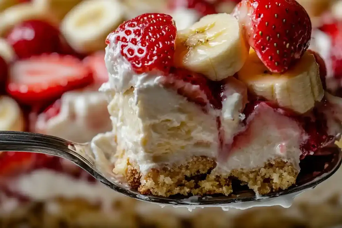 A close-up scoop of strawberry banana cheesecake trifle layers