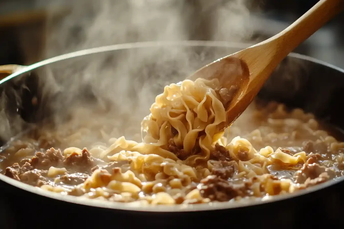 Cooking beef and noodles in a Dutch oven with steam