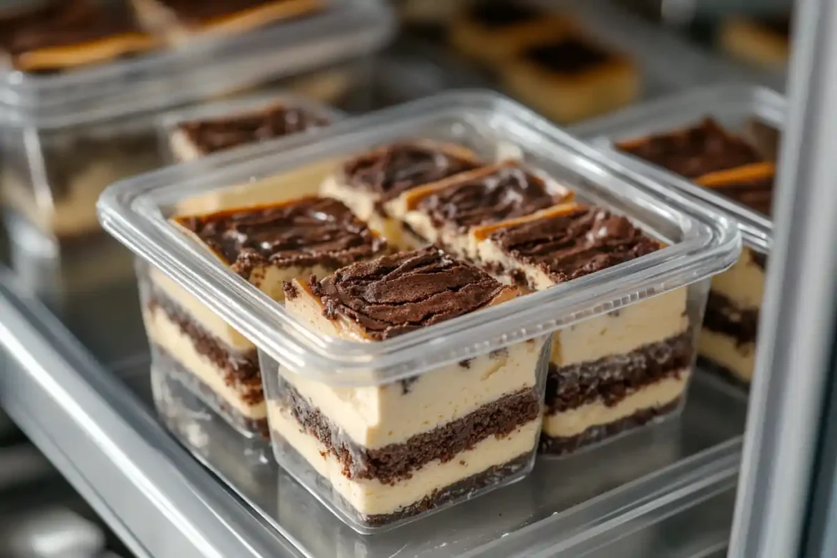 Cheesecake slices stored in container inside fridge