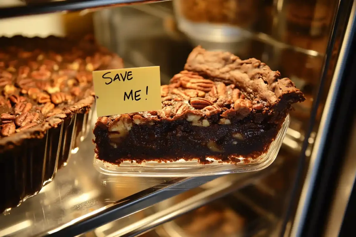 Slices of brownie pecan pie in fridge container