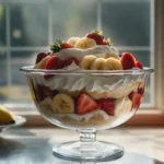 Trifle bowl filled with layers of strawberry banana cheesecake trifle