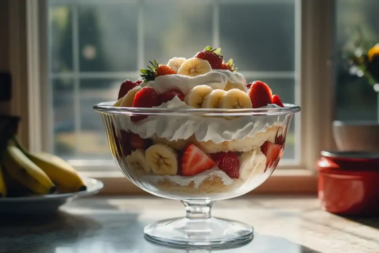Trifle bowl filled with layers of strawberry banana cheesecake trifle