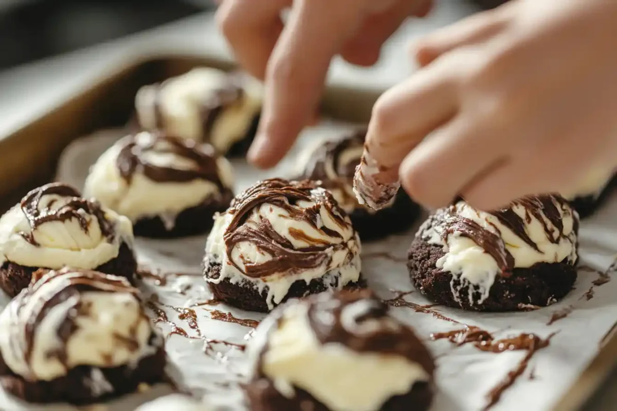 Hands creating cheesecake swirls in brownie cookie dough