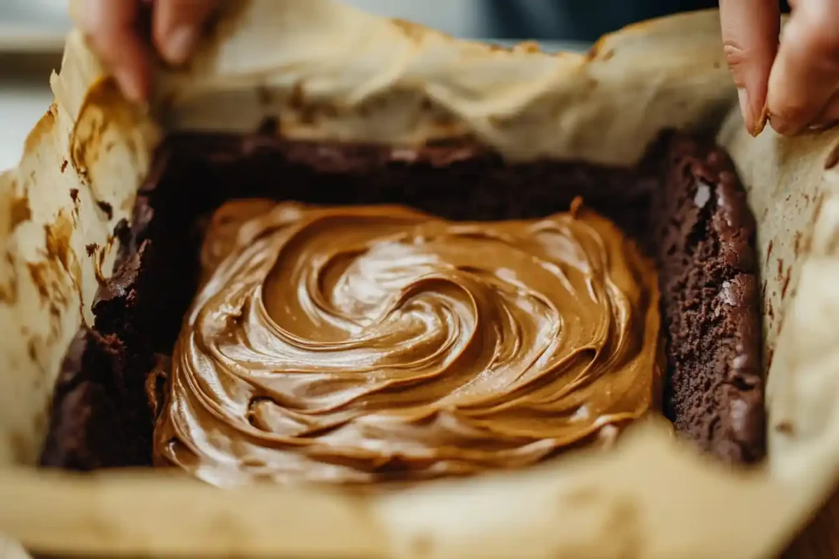 Peanut butter being swirled into banana brownie batter before baking