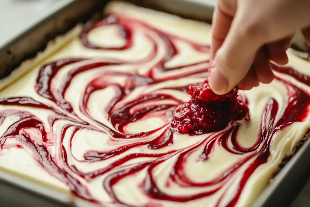 Hand swirling raspberry jam into cheesecake topping over brownie batter