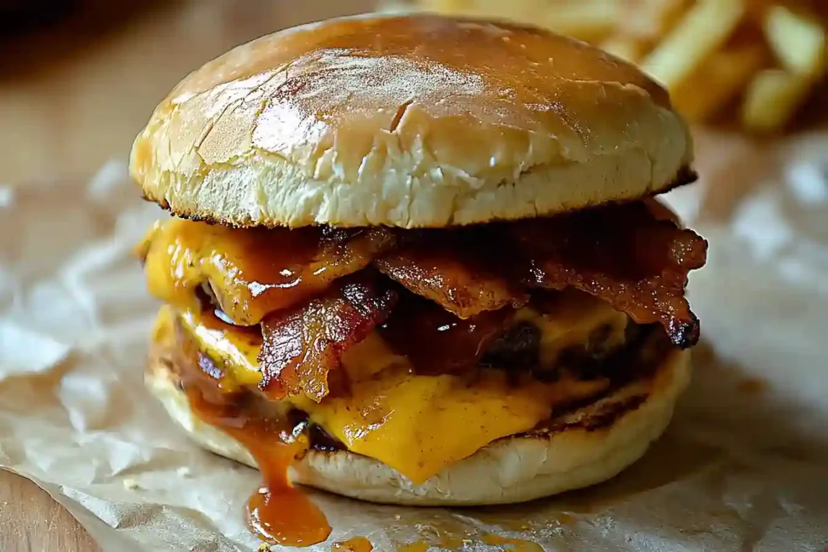 BBQ Bacon Cheeseburger stacked with bacon, cheddar, and barbecue sauce