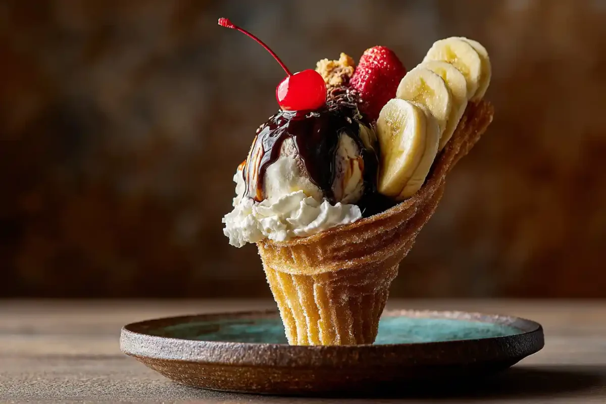 banana churro cones filled with ice cream, banana, strawberries, and fudge