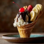 Banana churro cone filled with ice cream, banana, strawberries, and fudge