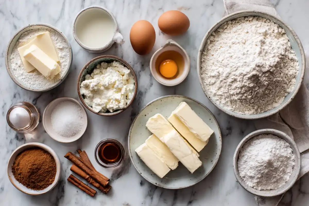 Ingredients for churro cream cheese lava cups on marble background